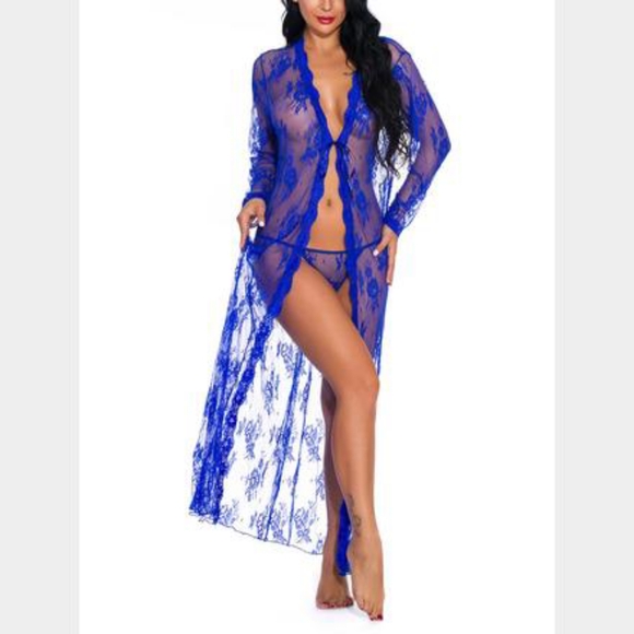 NWT Sz XL Long Blue Transparent Lace Long Sleeve Lingerie - Picture 1 of 7